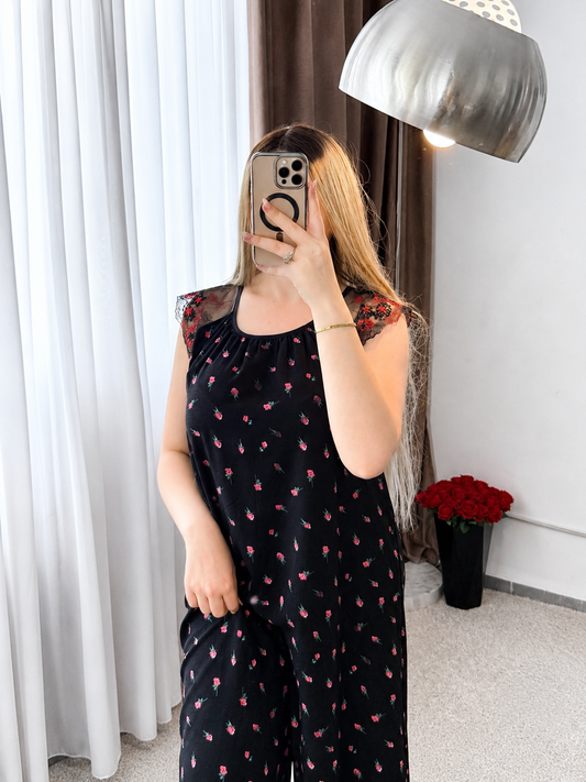 Robe nuisette noir motif a fleur rouge NISSA