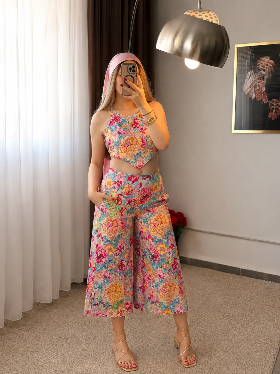 Ensemble haut  pantalon rose motif à fleurs rose SARIM