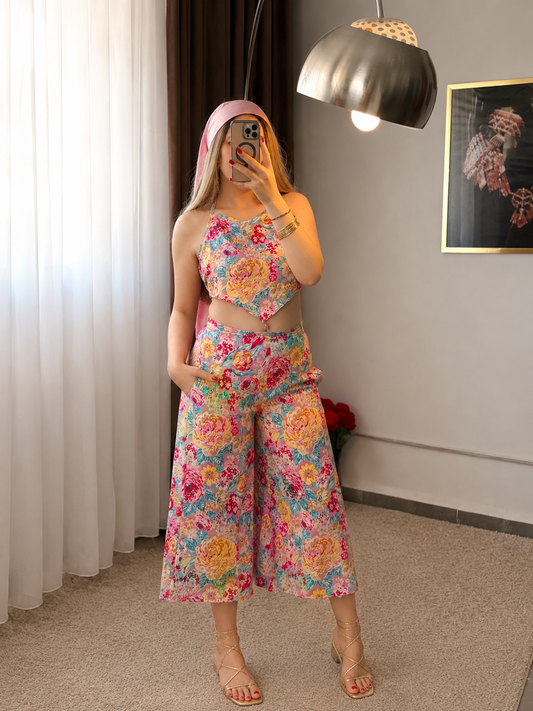 Ensemble haut  pantalon rose motif à fleurs rose SARIM