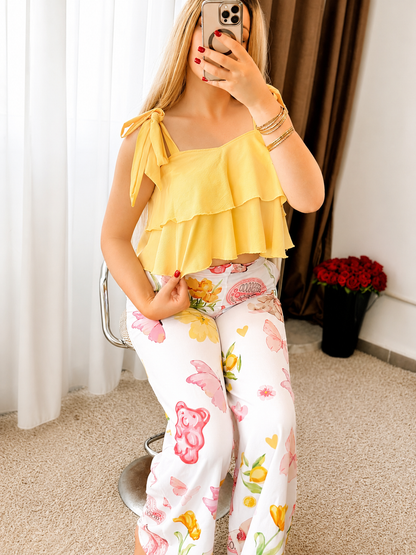 Pyjama double volant jaune pantalon a motif book  FRACHE