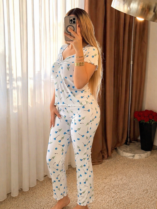 Pyjama demi manche pantalon blanc motif a fleur bleu MINYA