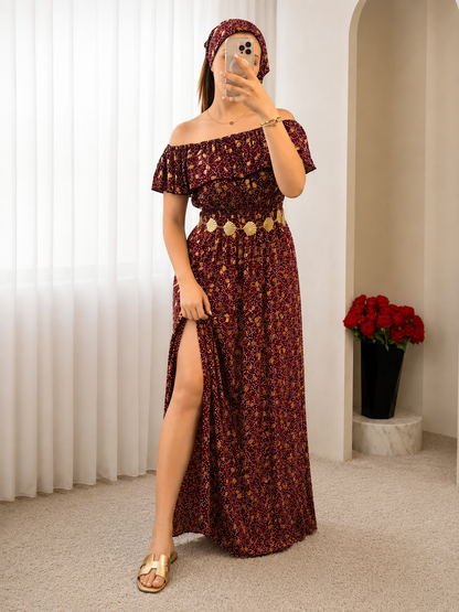 Robe  long à fleurs fond bordaeux CALLVERET