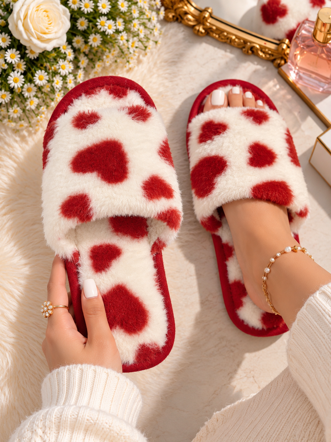 Pantoufles petits coeurs rouge FONA