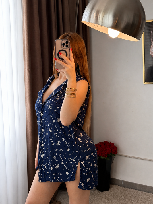 Chemise de nuit demi manche bleu a motif Etoile SALIVA
