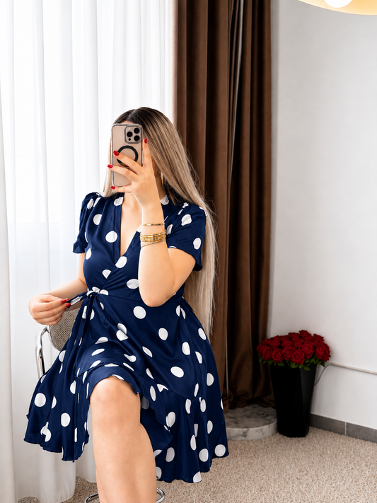 Robe soyeuse fond bleu nuit et noir DOTTY