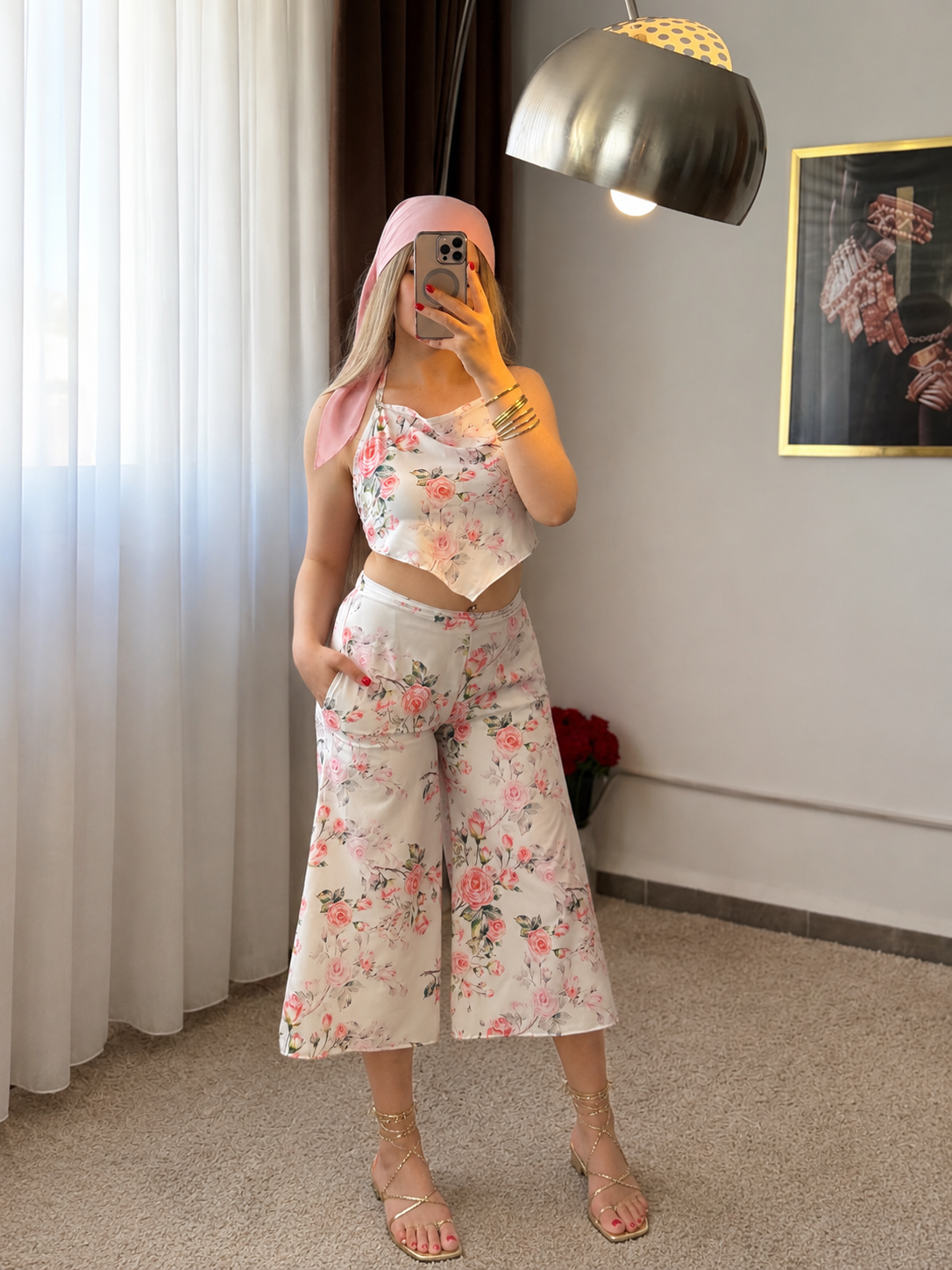 Ensemble haut  pantalon blanc motif à fleurs rose SARIM