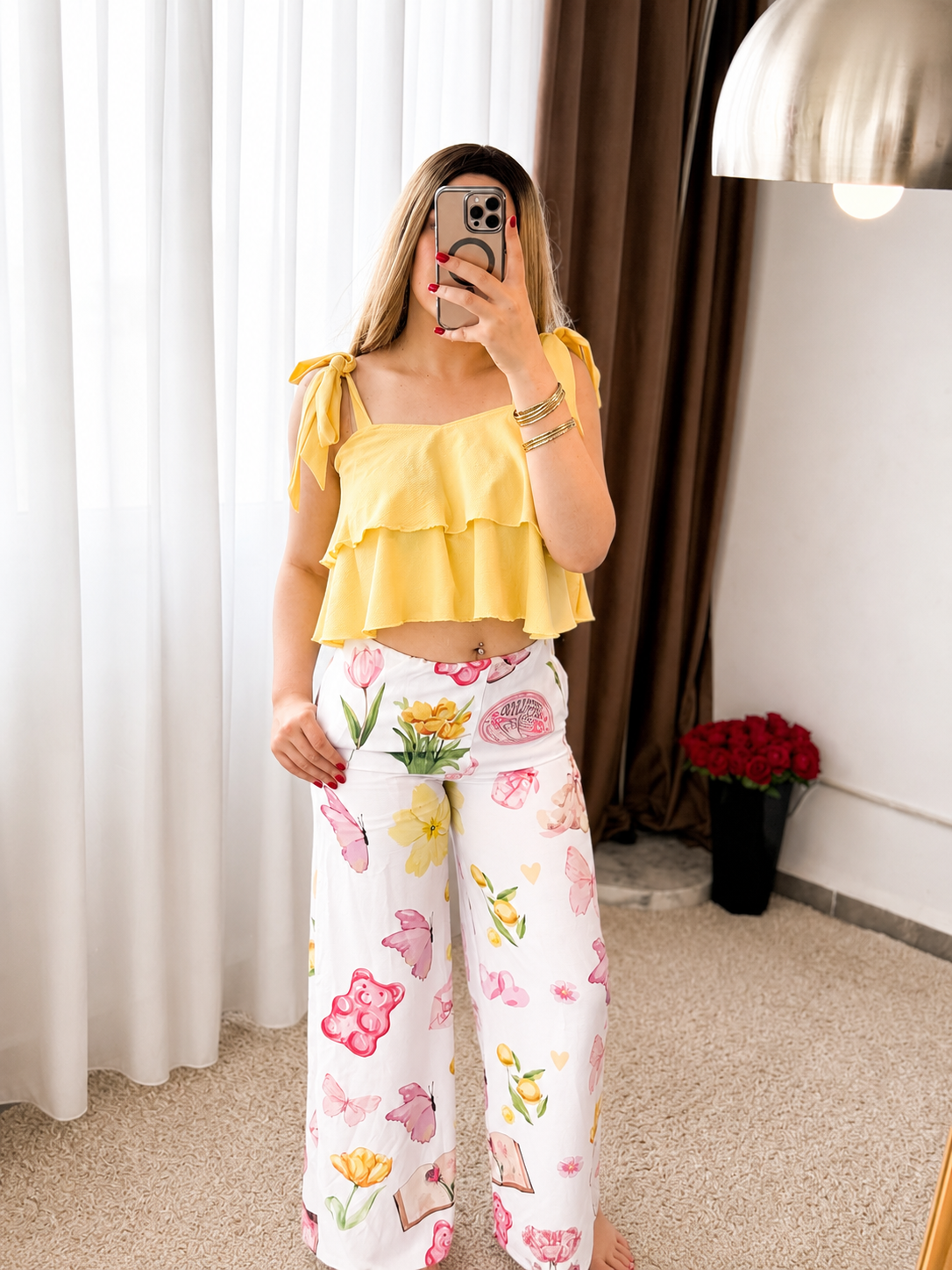 Pyjama double volant jaune pantalon a motif book  FRACHE