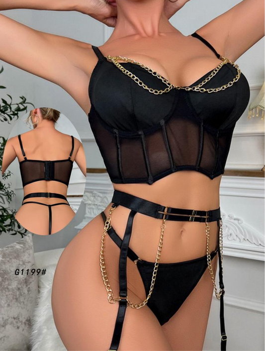 Ensemble lingerie 3 pièces noir body FIRE