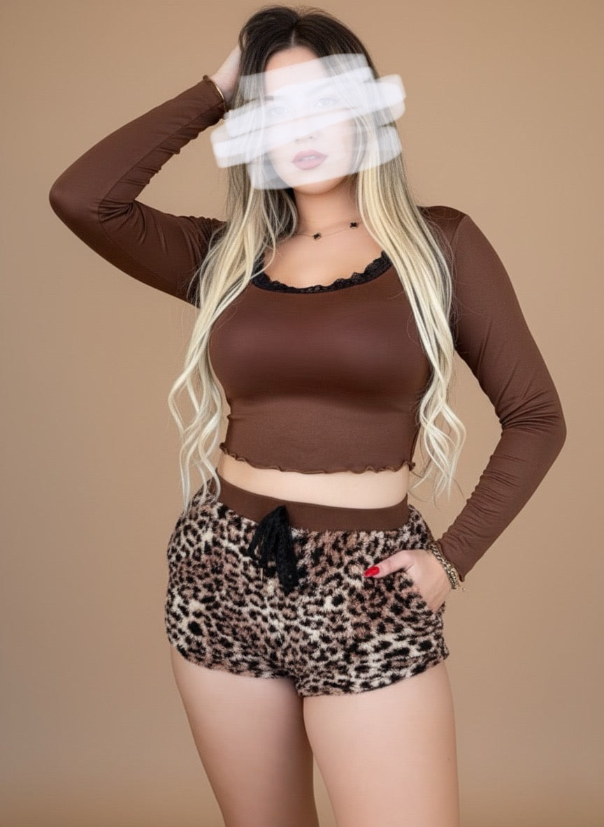 Pyjama crop-top  short femme marron motif léo FLAFFY