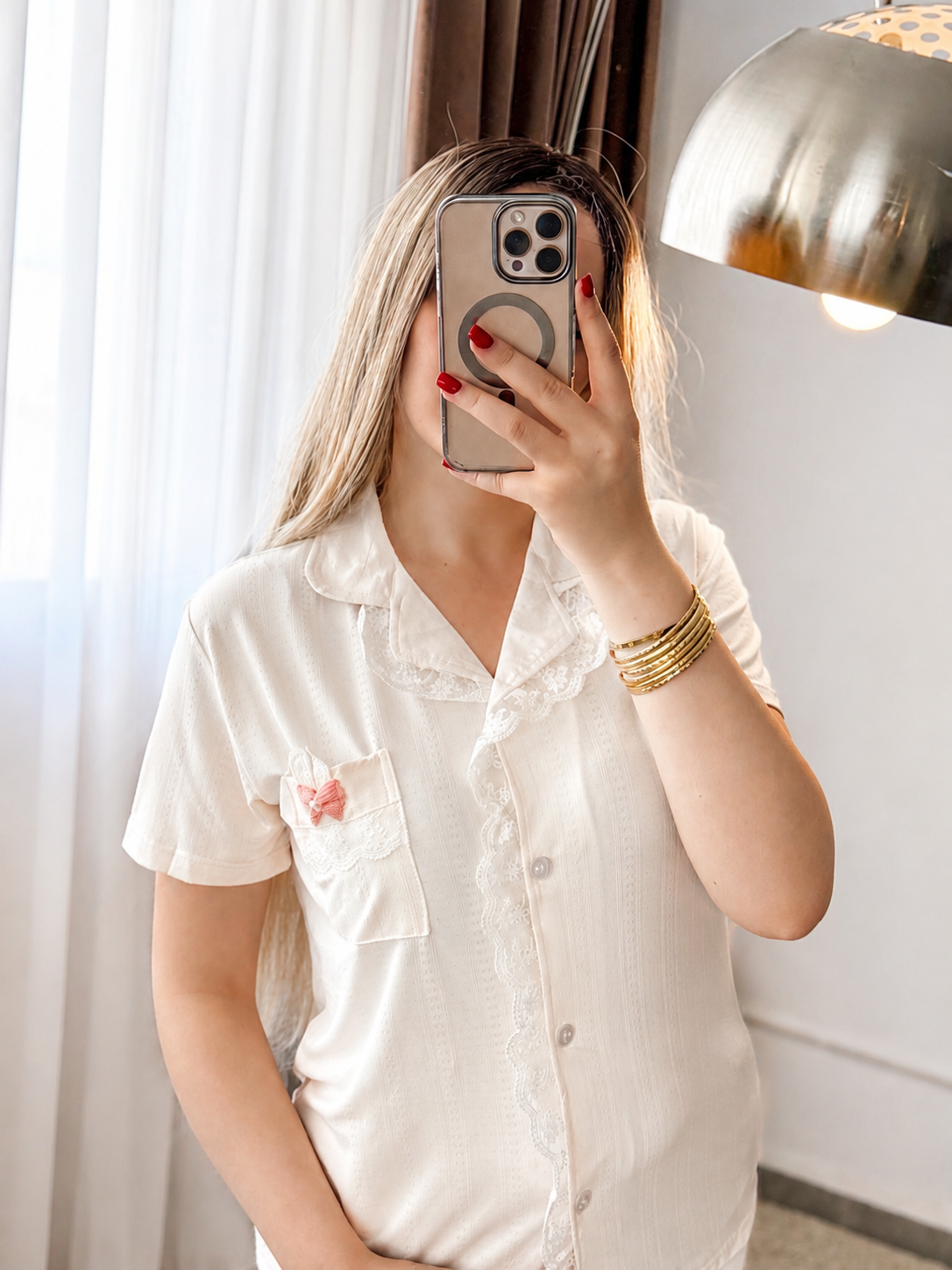 Pyjama demies manches pantalon dentelle blanc FUJIA