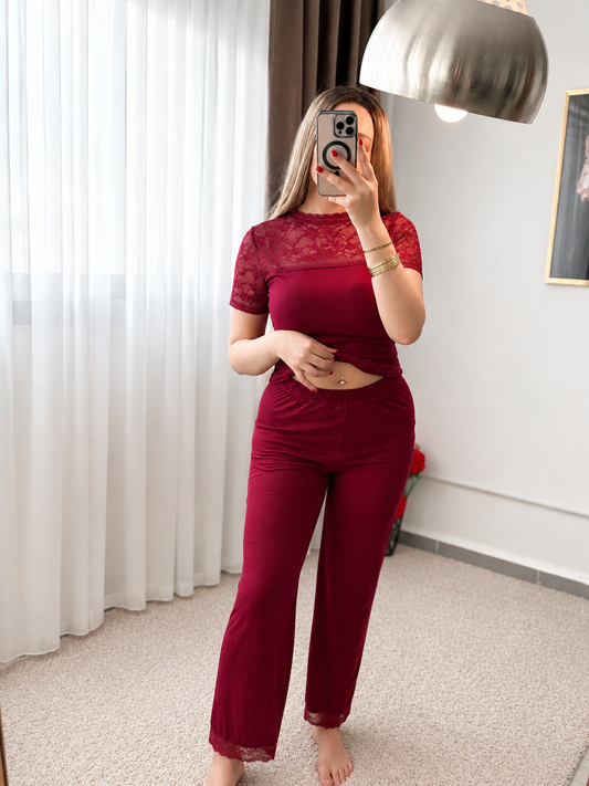 Pyjama pantalon demies manches dentelle bordeaux ABIGAL