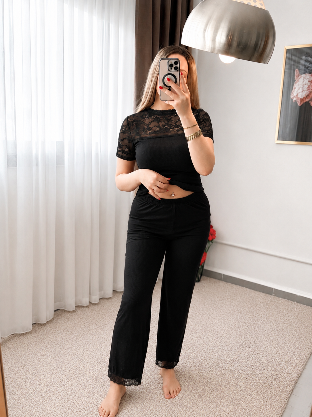Pyjama pantalon demies manches dentelle noir ABIGAL