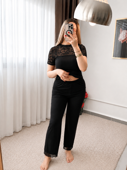 Pyjama pantalon demies manches dentelle noir ABIGAL