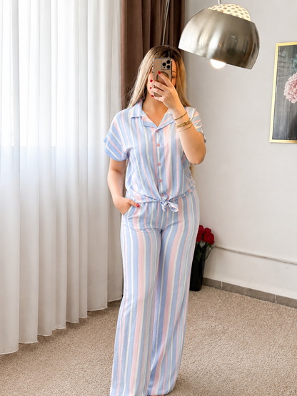 Pyjama pantalon demies manches à rayures bleu rose SADRANI