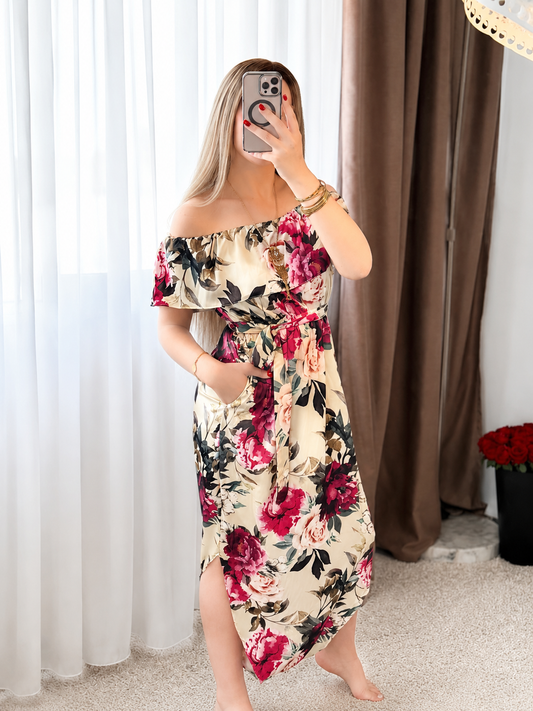 Combi motif à fleurs grandes roses fond beige MOULAT