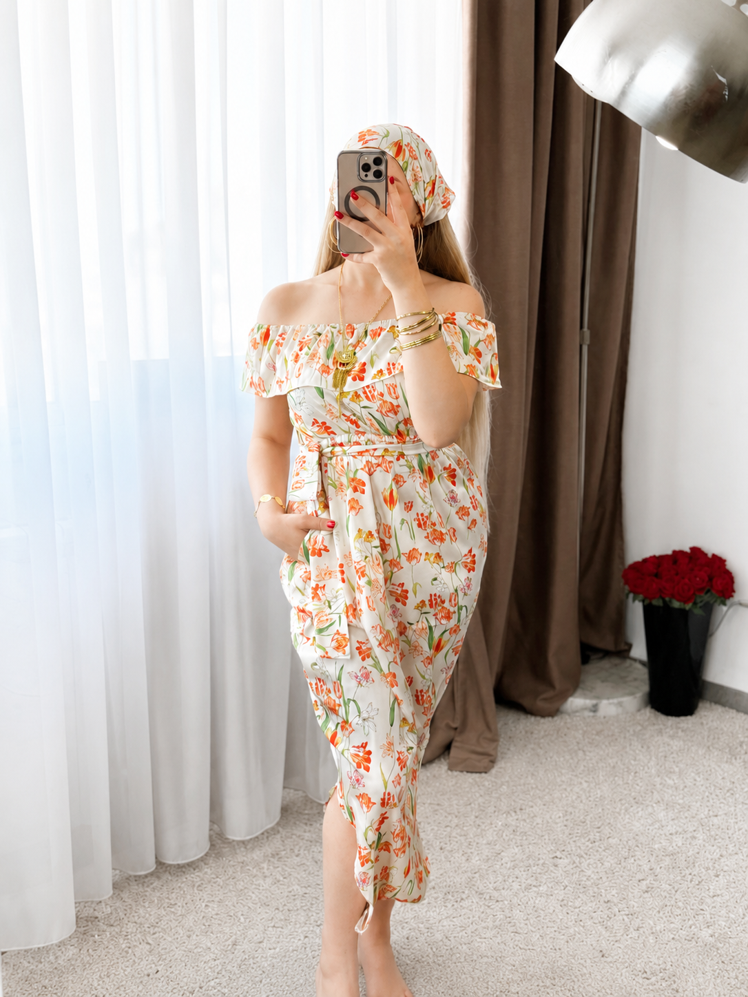 Combi motif à petites fleurs orange fond beige MOULAT
