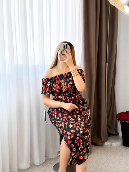Combi motif à petites fleurs rouge fond noir MOULAT