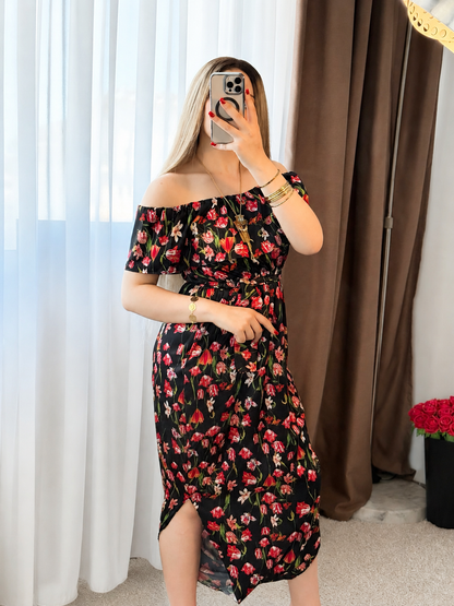 Combi motif à petites fleurs rouge fond noir MOULAT
