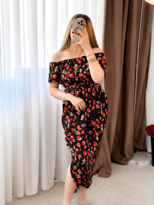 Combi motif à petites fleurs rouge fond noir MOULAT