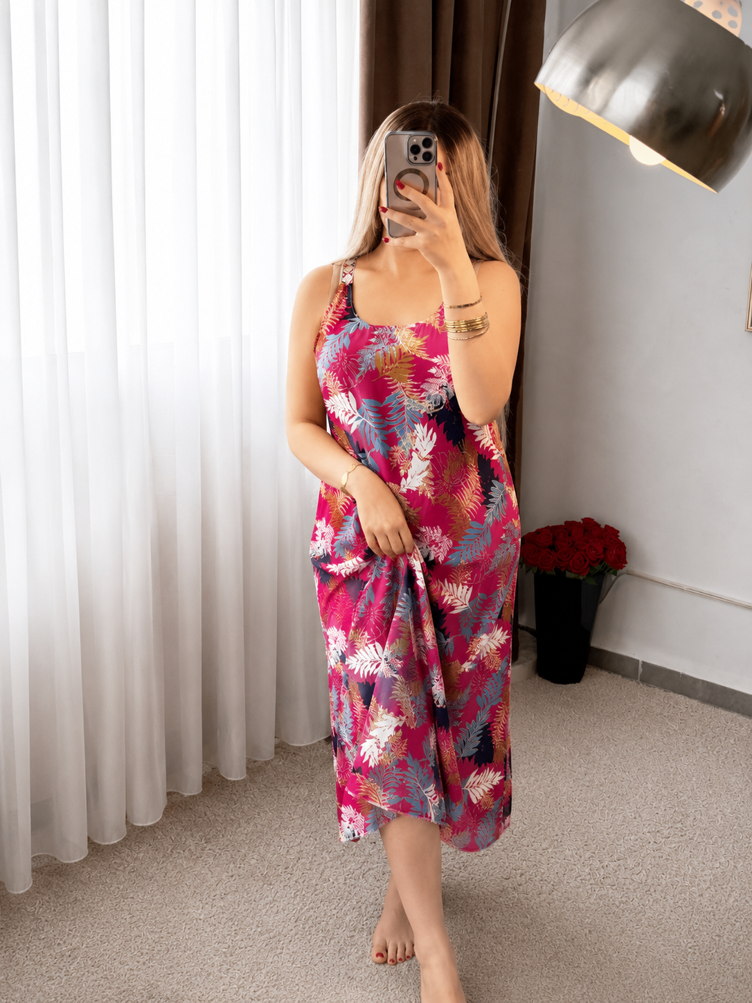 Robe nuisette fushia motif a fleur BRILN