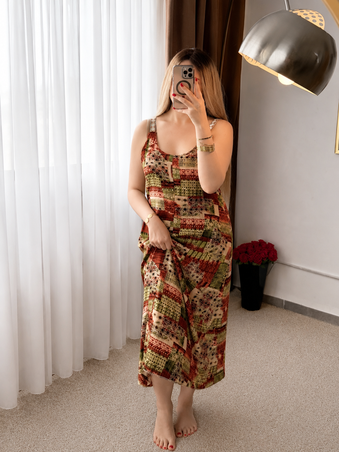 Robe nuisette vert motif patchwork orange BRILN