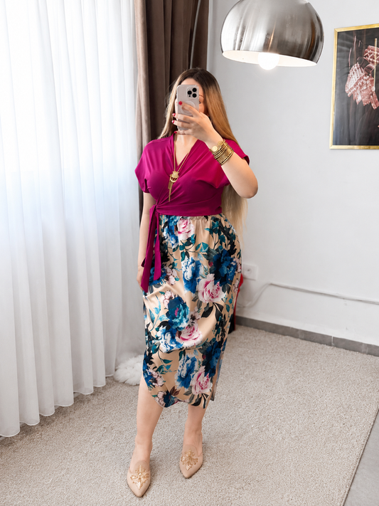 Ensemble trois pieces haut uni rose pantalon chelka motif à grandes fleurs bleu LELA