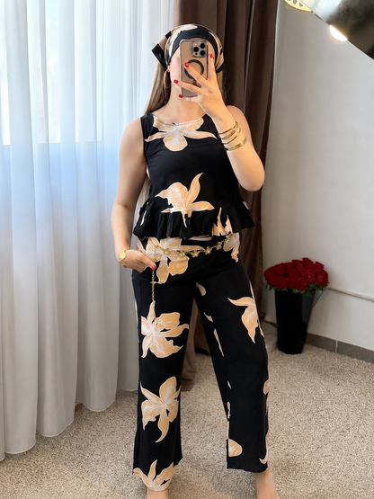 Pyjama pantalon a fleur noir BALMA