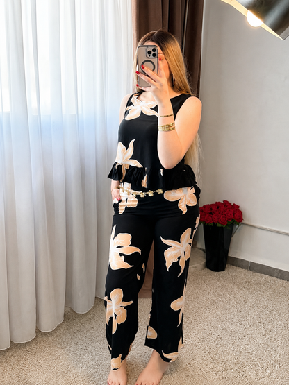 Pyjama pantalon a fleur noir BALMA