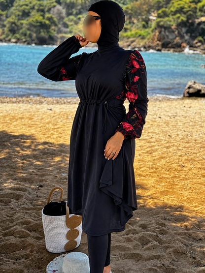 Burkini 3 pièces  noir à motif rouge TESSA