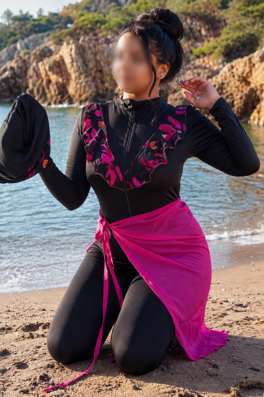 Burkini 3 pièces combinaison noir a motif noir rose DORIAN