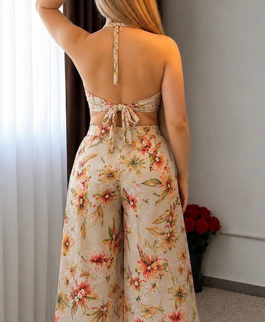 Ensemble haut  pantalon beige motif à fleurs orange SARIM