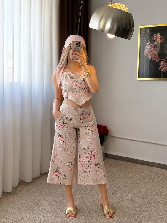 Ensemble haut  pantalon beige motif à fleurs rose SARIM