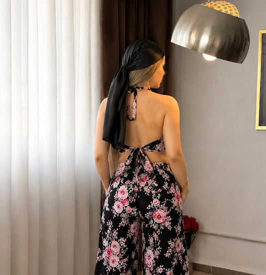 Ensemble haut  pantalon noir motif à fleurs rose SARIM