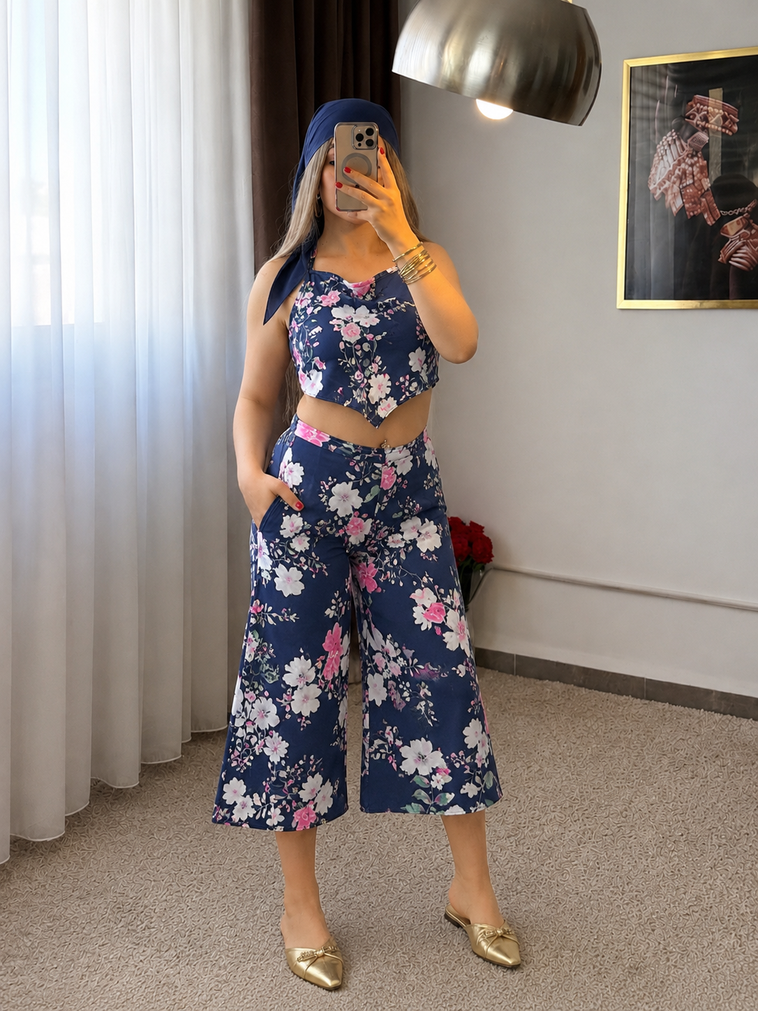 Ensemble haut  pantalon bleu nuit motif à fleurs rose SARIM