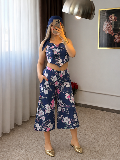 Ensemble haut  pantalon bleu nuit motif à fleurs rose SARIM