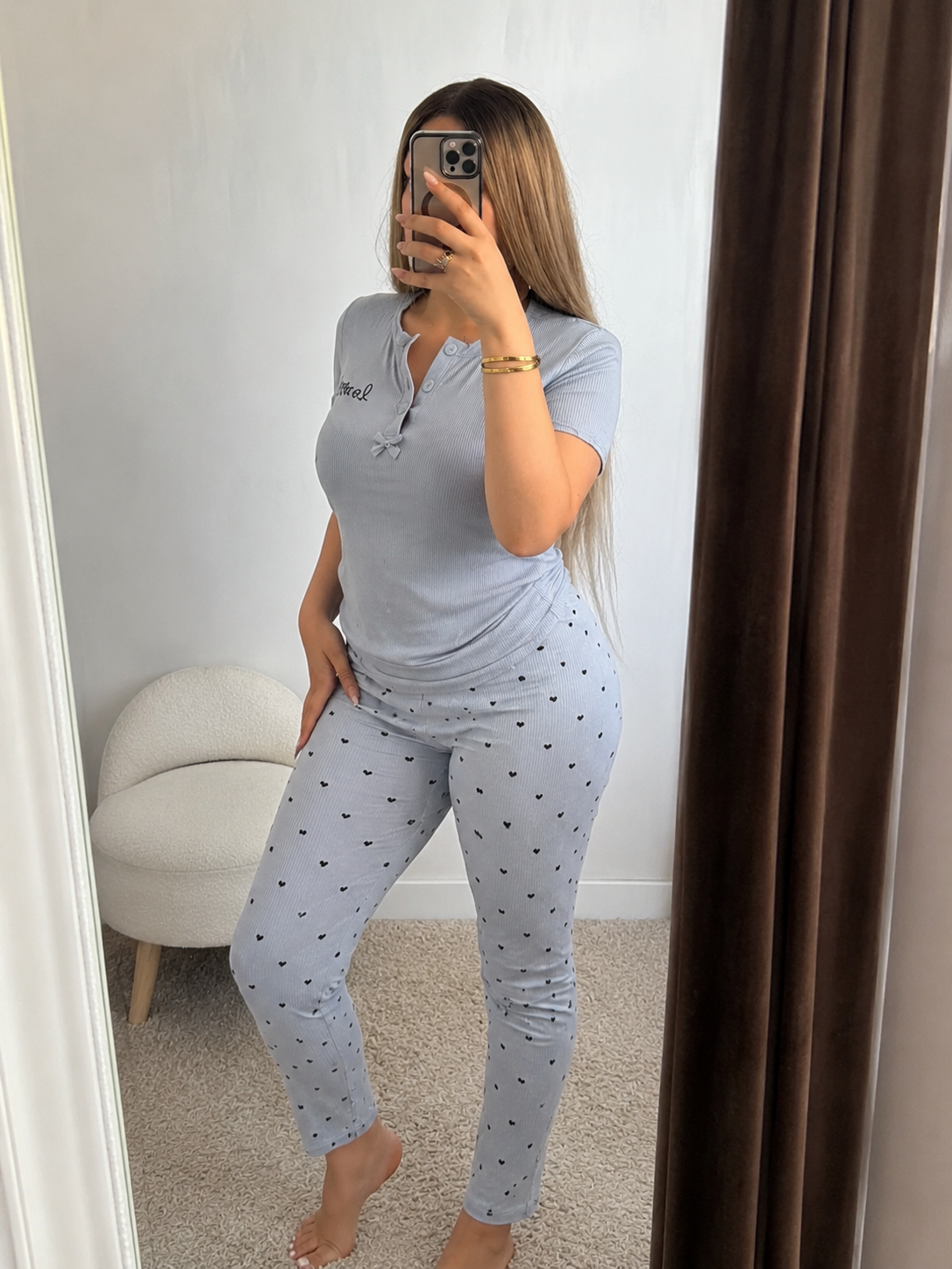 Pyjama pantalon gris a motif petit cœur ÉLINE