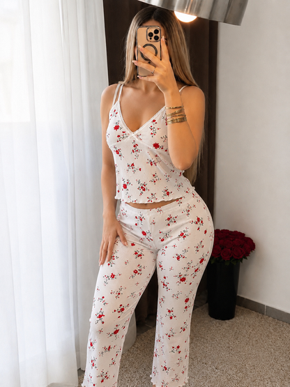 Ensemble 3 pièces bustier pantalon jupe blanc motif a fleur rouge ASHLEY