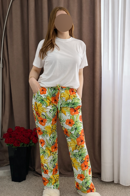 Pyjama demi manche pantalon orange a motif TROPICAL