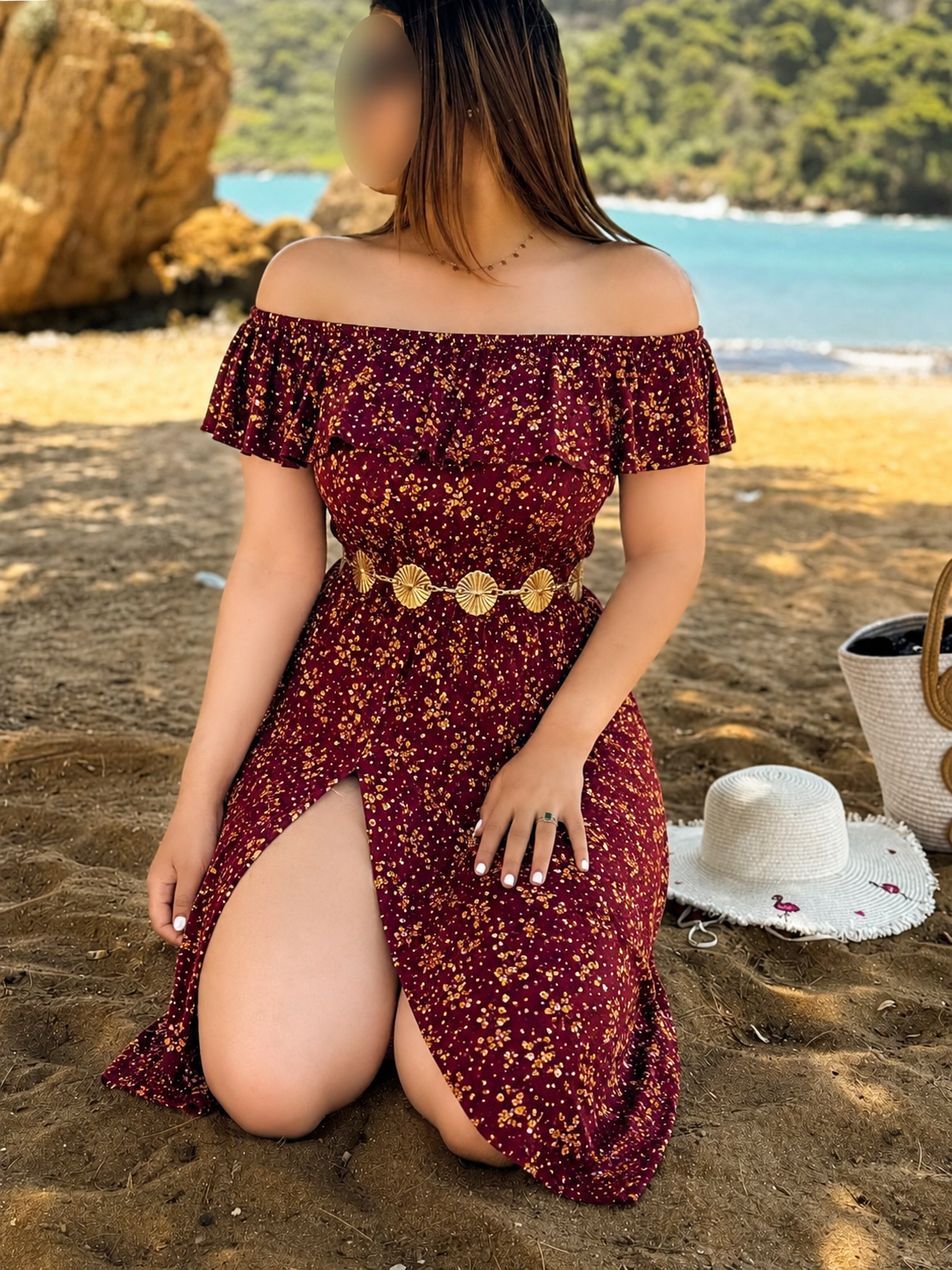 Robe  long à fleurs fond bordaeux CALLVERET
