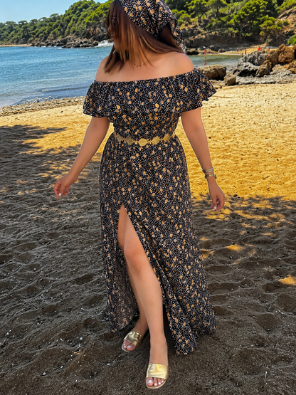 Robe  long à fleurs fond noir CALLVERET