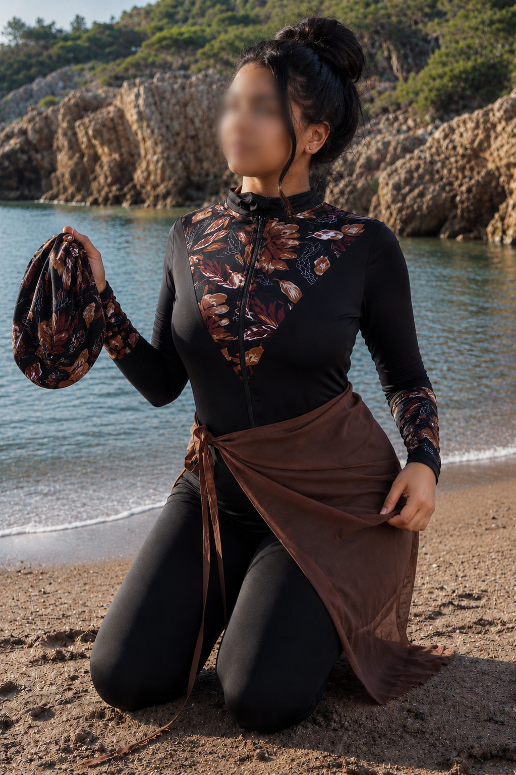 Burkini 3 pièces combinaison noir a motif marron paréo marron LOVINA