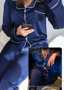 2 Pyjamas pour couple homme et femme soyeux bleus