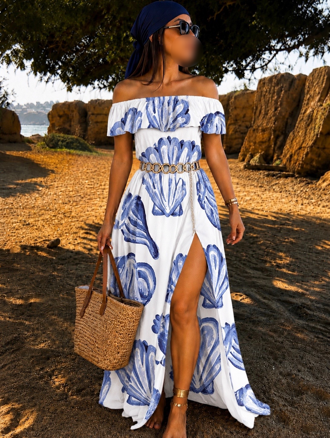 Robe blanche a motif Seashell bleu COQUILLAGE