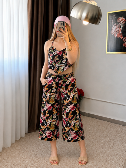 Ensemble haut  pantalon noir motif à fleurs jaune SARIM