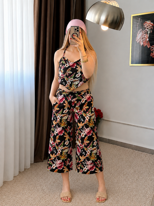Ensemble haut  pantalon noir motif à fleurs jaune SARIM