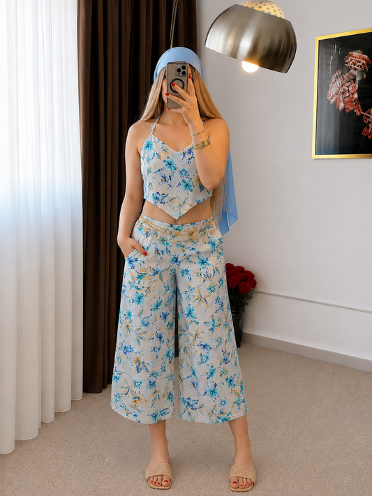 Ensemble haut  pantalon bleu motif à fleurs bleu SARIM