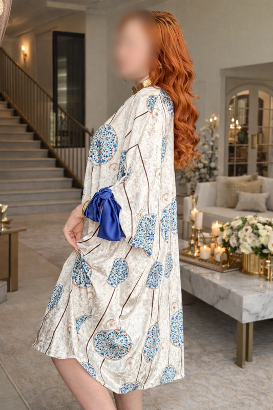 Jebba midi en velours blanche a motif bleu ZELLIGE