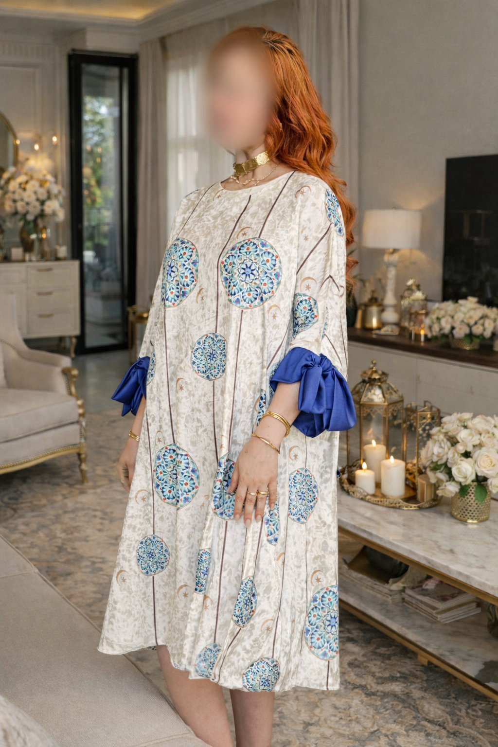 Jebba midi en velours blanche a motif bleu ZELLIGE