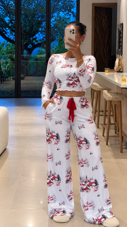 Pyjama patalon manche long blanc femme motif ICE VILLAGE