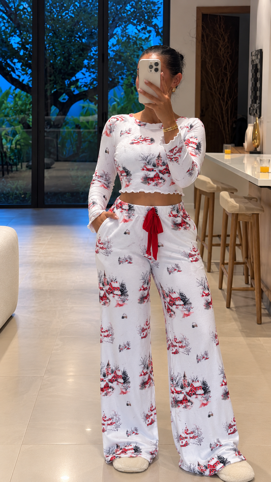 Pyjama patalon manche long blanc femme motif ICE VILLAGE